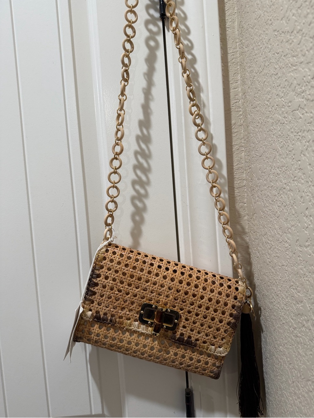 Woven Rattan Crossbody Bag with Gold-Tone Turn Lock - Natural Tan
